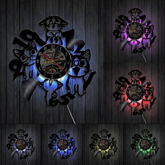 Cat Wall Clock Kitty Silhouette Cats Meow Wall Art Vinyl Record Clock Funny Kitten Home Decor Modern Wall Clock Cat Lovers Gift