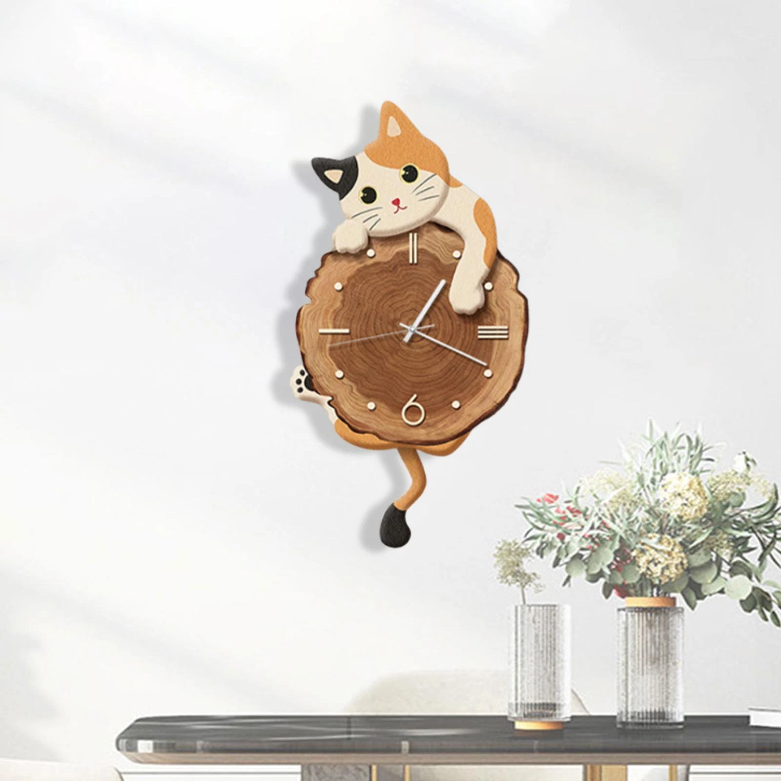 Cat Wall Clock Modern with Swinging Tail Silent for Kids Room Bedroom Home Decor