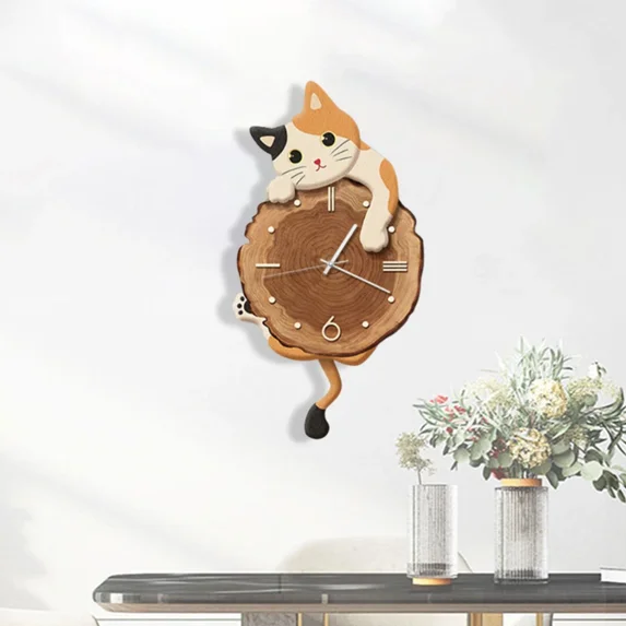 Cat Wall Clock Modern with Swinging Tail Silent for Kids Room Bedroom Home Decor