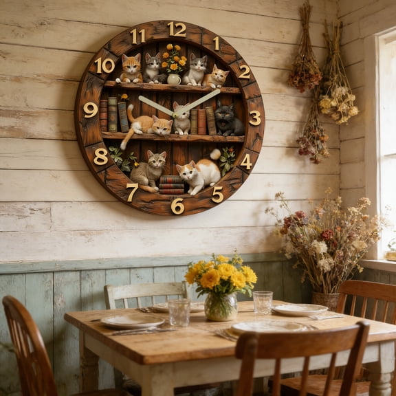 Cat Wall Clock, Vintage Bookshelf Printed Design, Silent Non-Ticking Round Decorative Clock for Home DIY Decoration (7.9")