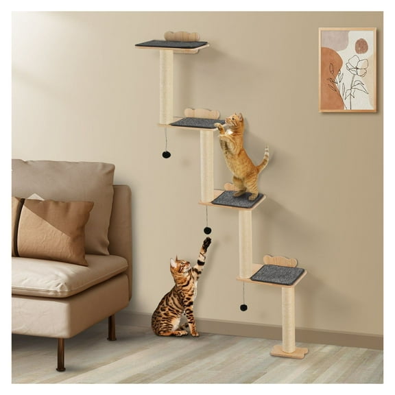 Cat Wall Furniture, 4-Tier Cat Tree Wall Mounted Shelves - Pine Wood Cat Perch for Climbing, Playing, Sleeping - Up to 40 lbs, with Jumping Boards & Toy Balls