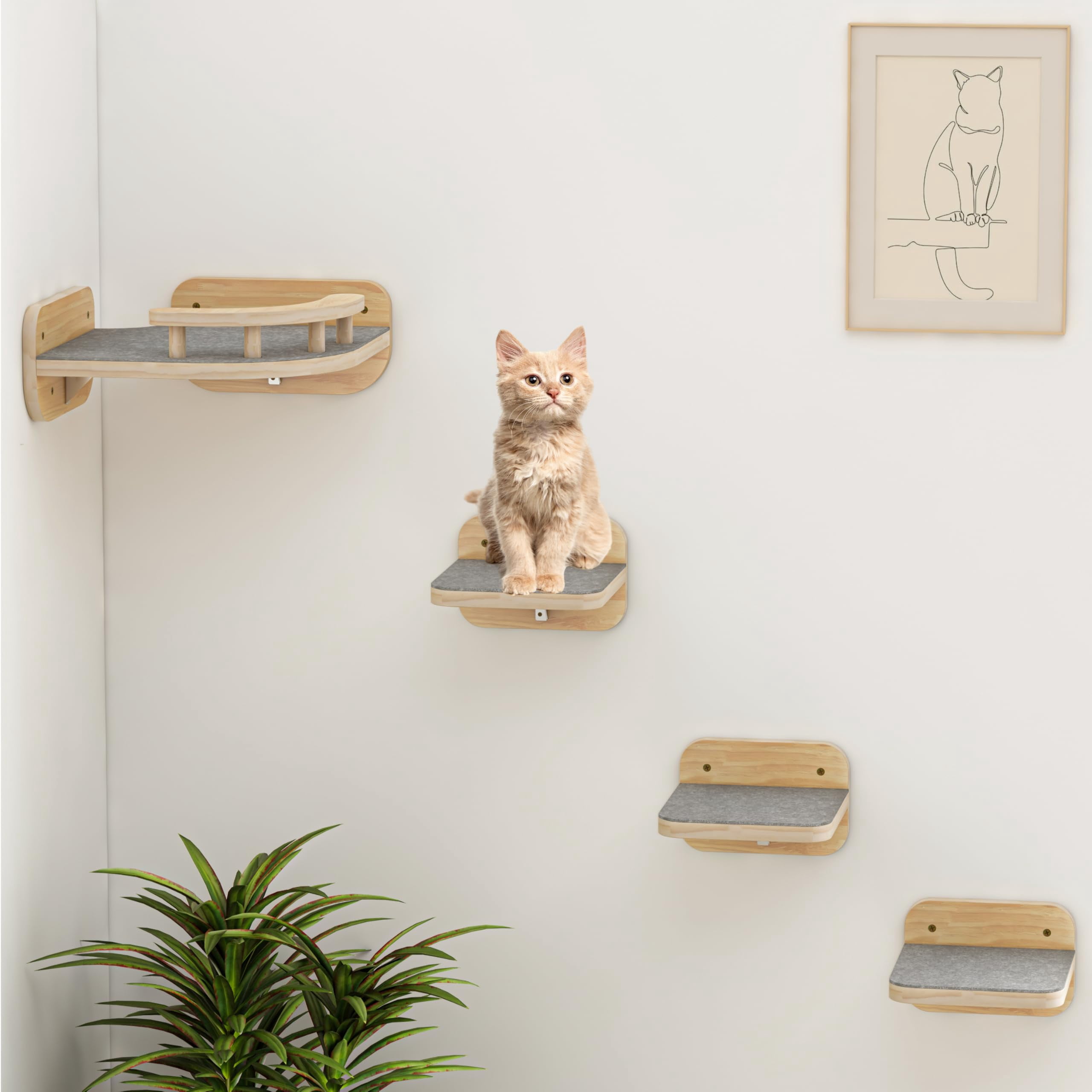 Cat Wall Furniture Corner Climbing Shelf Perches  Bed Mounted With 3 Wide Steps Modern Floating Stairs For Indoor Cats Up To 22 Lbs - Wood Color