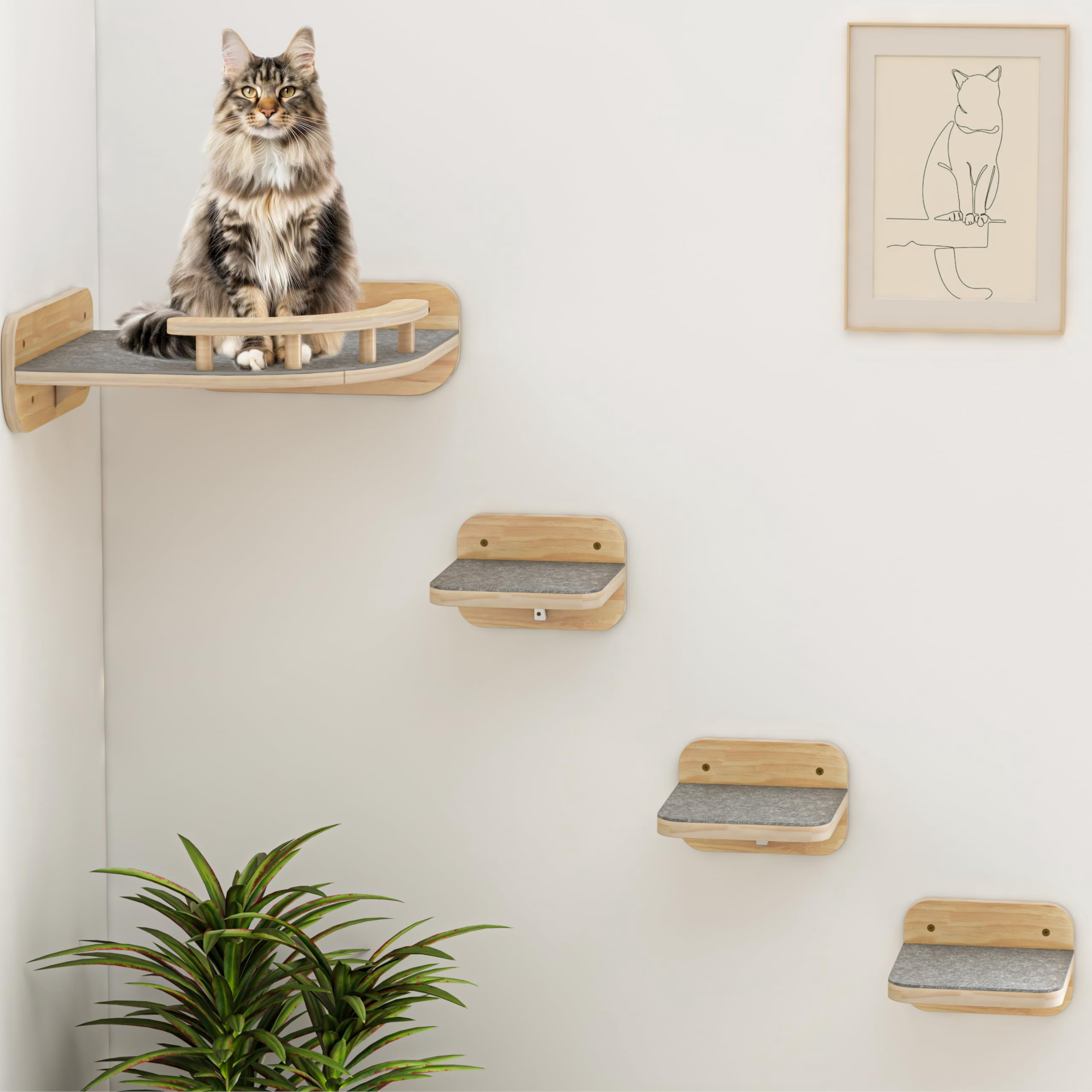Cat Wall Furniture - Corner Climbing Shelf With 3 Wide Steps  Modern Floating Stairs For Indoor Cats Up To 30 Lbs Wood Color