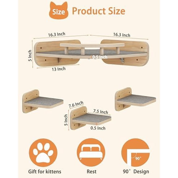 Cat Wall Furniture - Corner Climbing Shelf with 3 Wide Steps, Modern Floating Stairs for Indoor Cats up to 30 Lbs - Wood Color