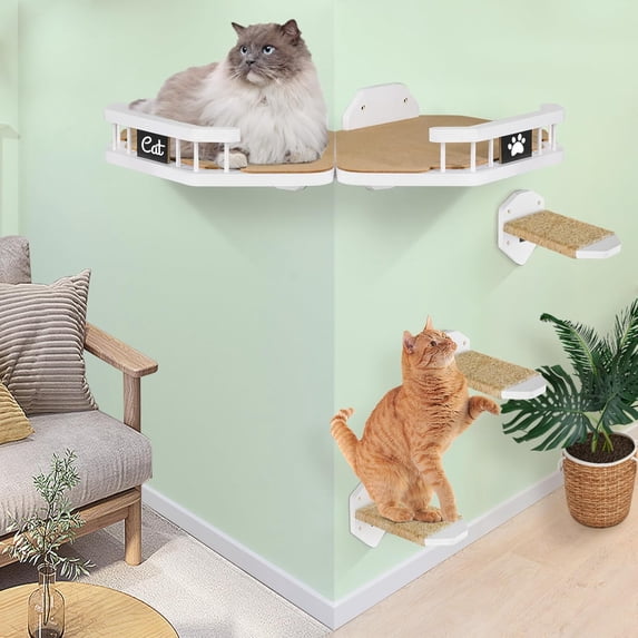Cat Wall Furniture Wall Mounted, 2PCS Cat Shelves and Cat Perches for Wall with 3 Cat Wall Steps and Scratching Pad, Cat Wall Shelves Fit Cat Up to 15Lbs, Wood Cat Hammock Wall Mount (White)