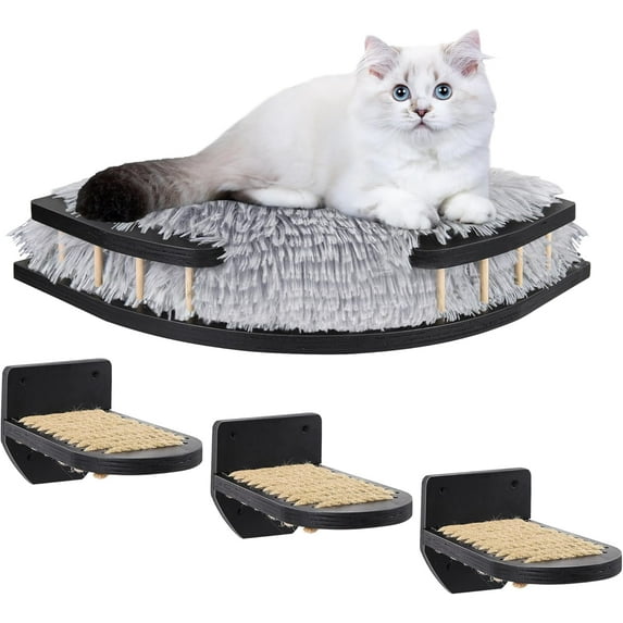 Cat Wall Furniture Set with Plush Cushion, Cat Hammock Cat Wall Shelves with 3 Cat Wall Steps, Cat Shelves and Perches for Wall Climbing Shelves for Indoor, Black Indoor Cat Shelves Wall Mount Black