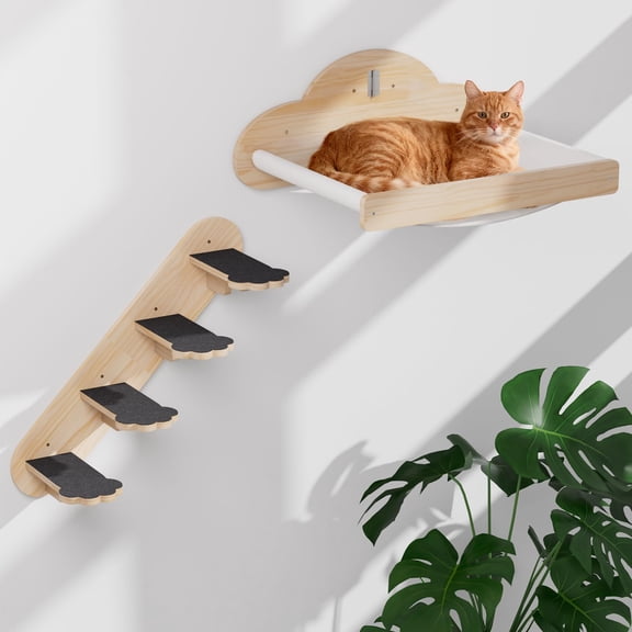 Cat Wall Hammock Mounted Bed With 4 Climbing Steps, Indoor Perch For Sleeping Playing Lounging