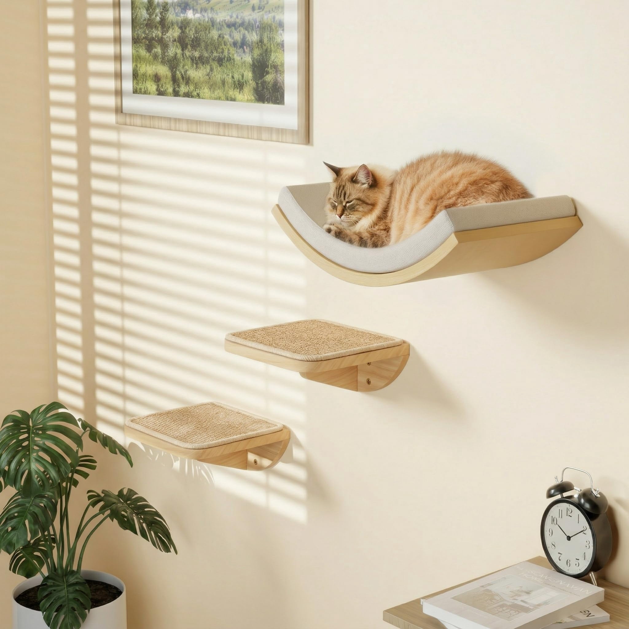 Cat Wall Perch Set Foam/Felt-Wood 1 Curved Bed 2 Steps Sleeping Playing Lounging