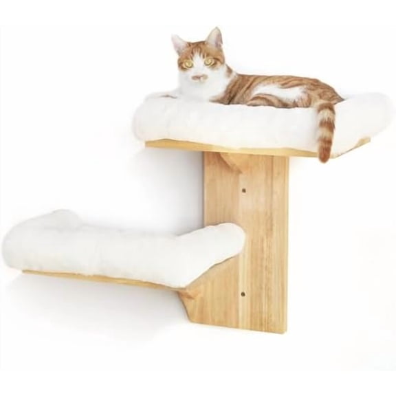 Cat Wall Shelves, 2 Platform Cats Walls Furniture, Tree Shape Kitten Floating Shelf with Soft Cushion Perch, Solid Rubber Wood for 16 Inch Drywall, Suitable for Climb, Play, Nap