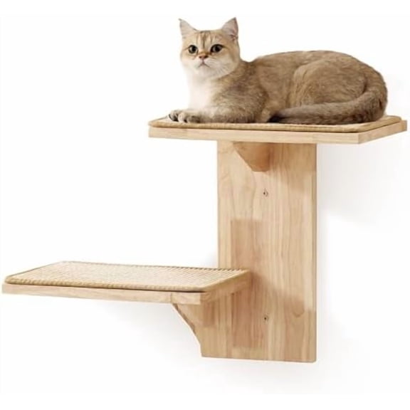 Cat Wall Shelves, 2 Platform Kitten Wall Furniture, Tree Shape Wall-Mounted Floating Shelf with Sisal Mat, Solid Rubber Wood Cats Perch for 16 Inch Drywall, Suitable for Climb, Play, Nap