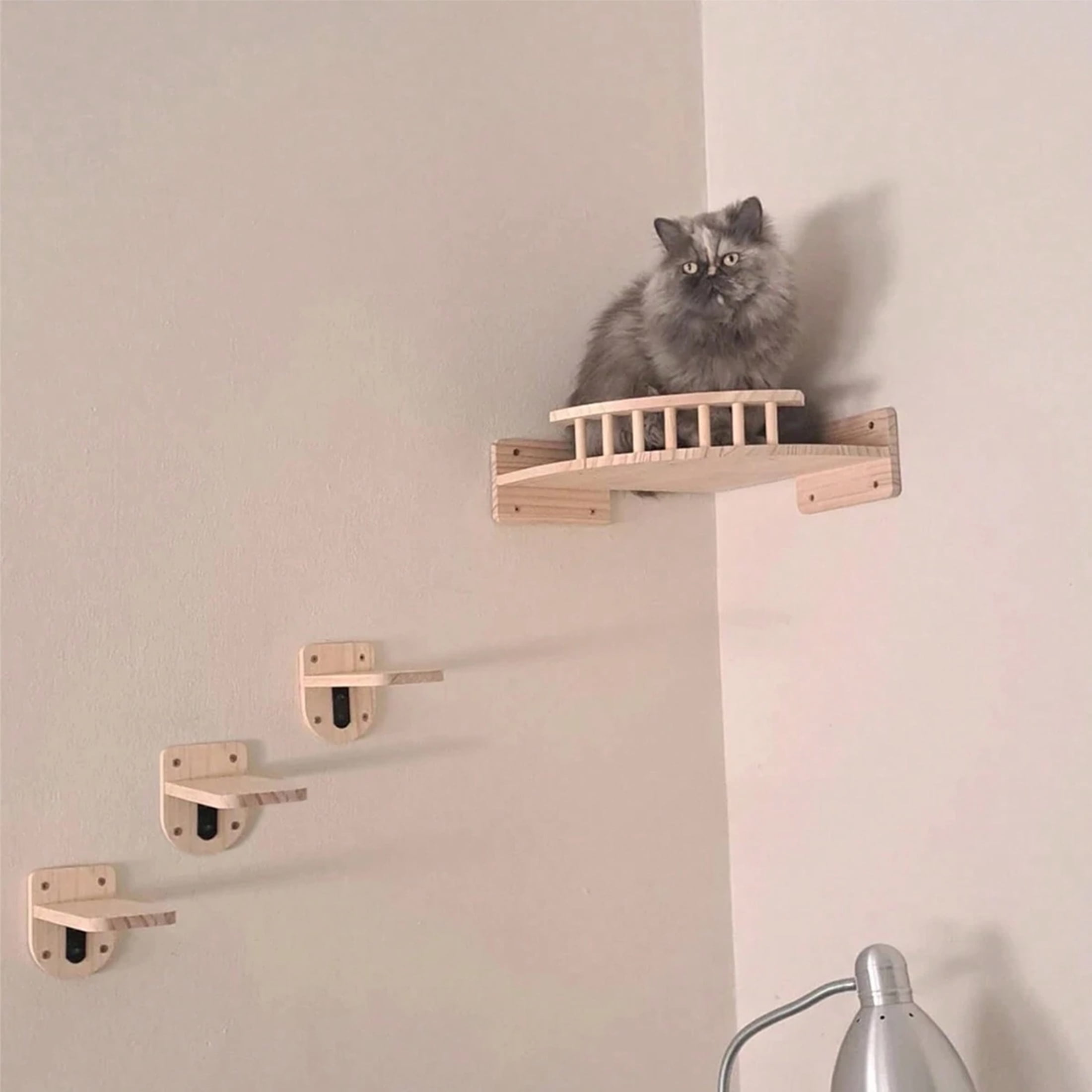 QLFYUU Cat Wall Corner Hammock Bed & 3 Climbing Steps Set for Indoor Cats Beige Color