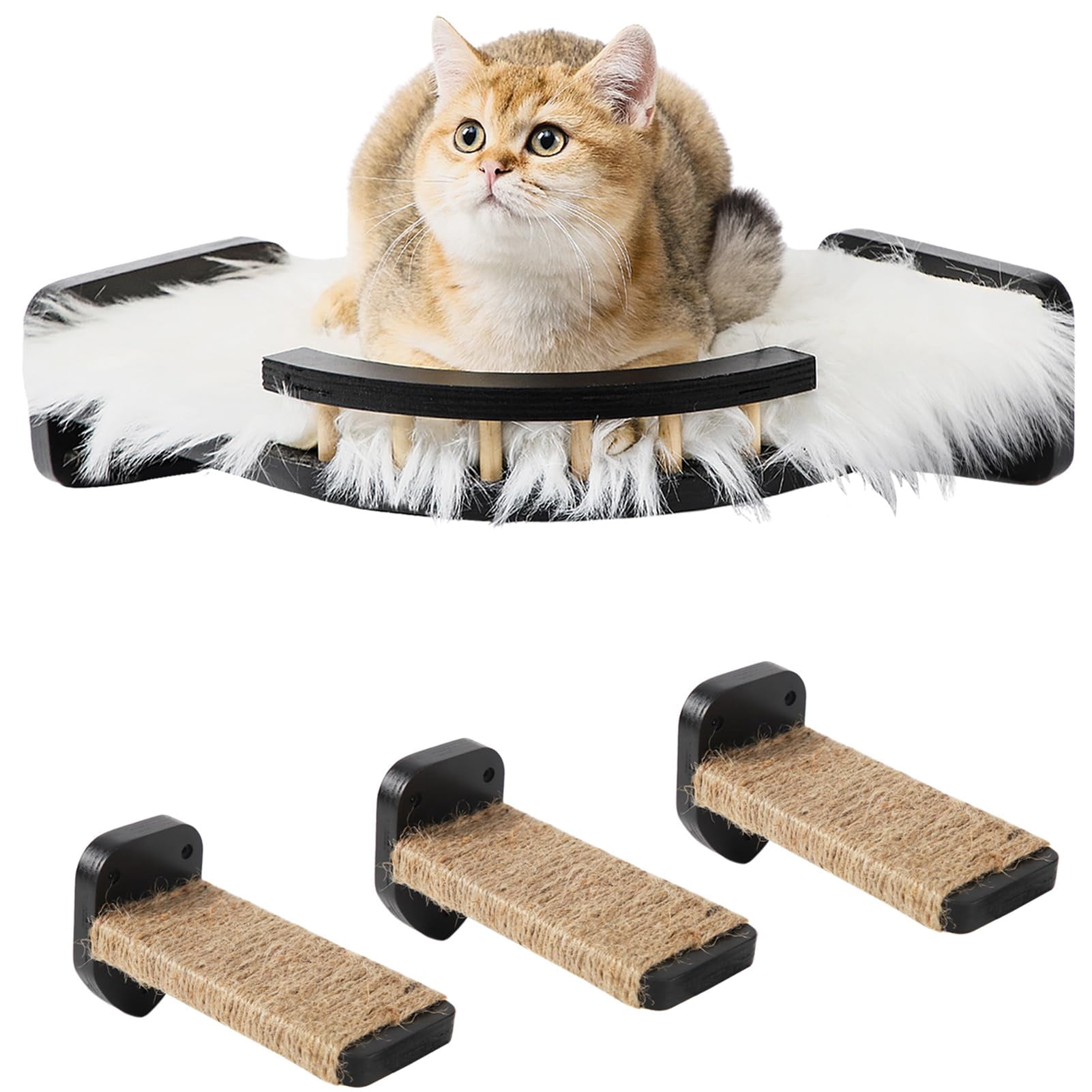 Cat Wall Shelves - 3 Steps Scratch & Hammock Bed With Plush Cover  Climbing Shfor Indoor Cats (black)