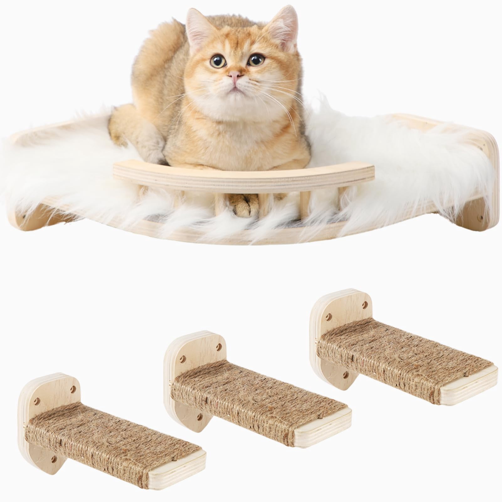 Cat Wall Shelves - 3 Steps Scratch & Hammock Bed With Plush Cover  Climbing Shelf For Indoor Cats (wood)