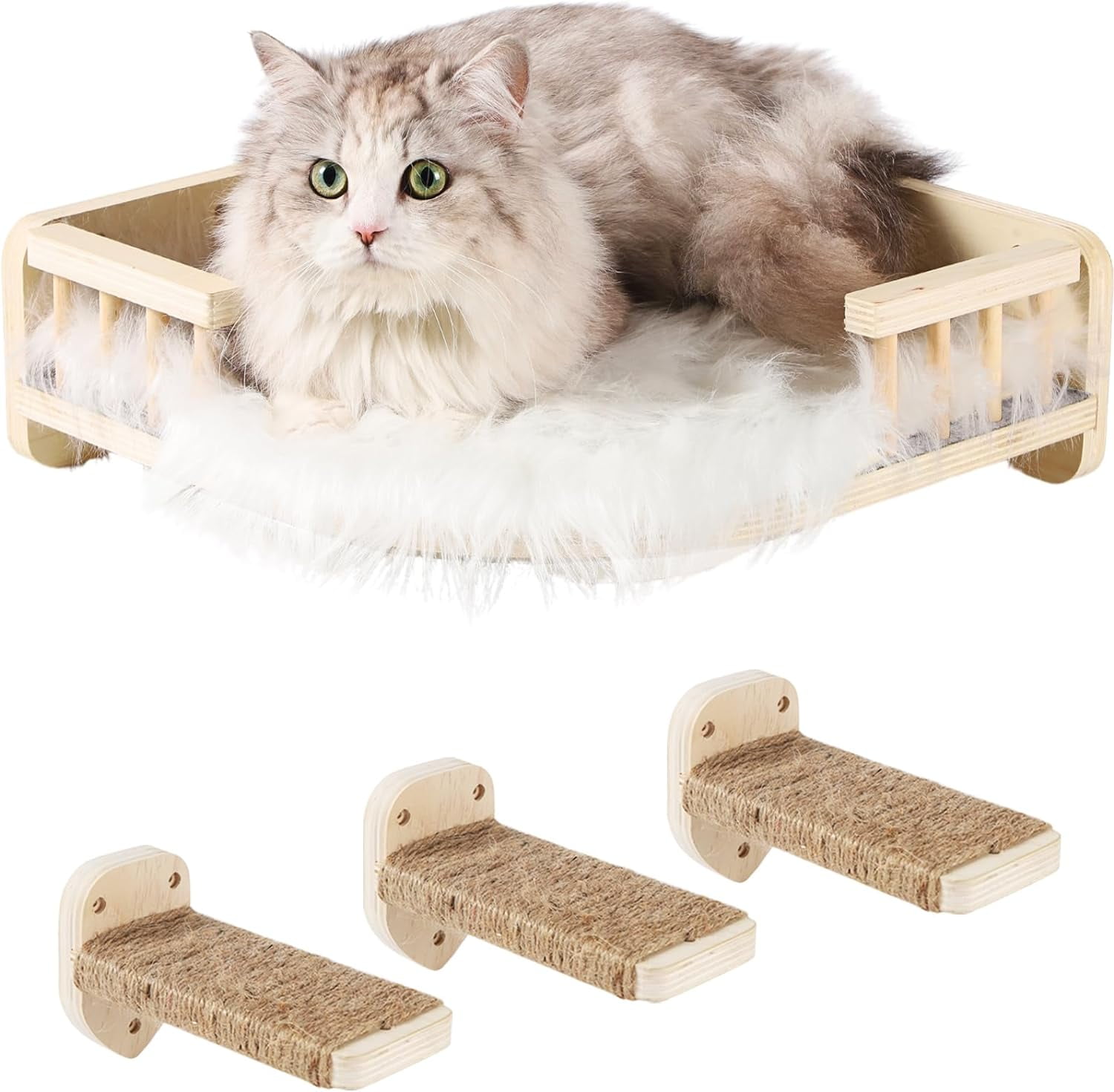 Cat Wall Shelves - 3 Steps Scratch Post & Hammock Bed with Plush Cover, Climbing Shelf for Indoor Cats (Wood)
