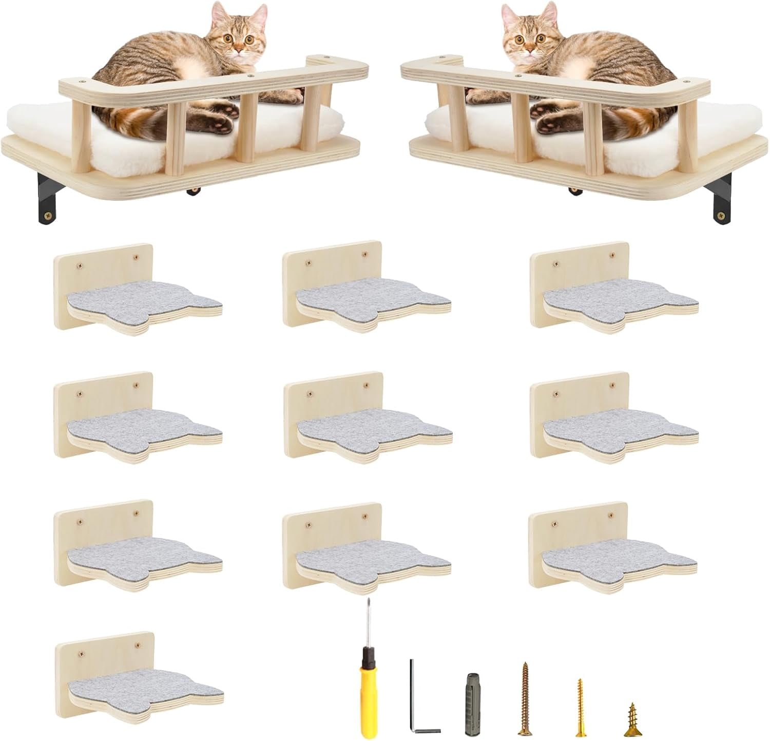 2-Piece Cat Wall Shelves With Steps - Wall Mounted Perches For Climbing, Playing & Lounging
