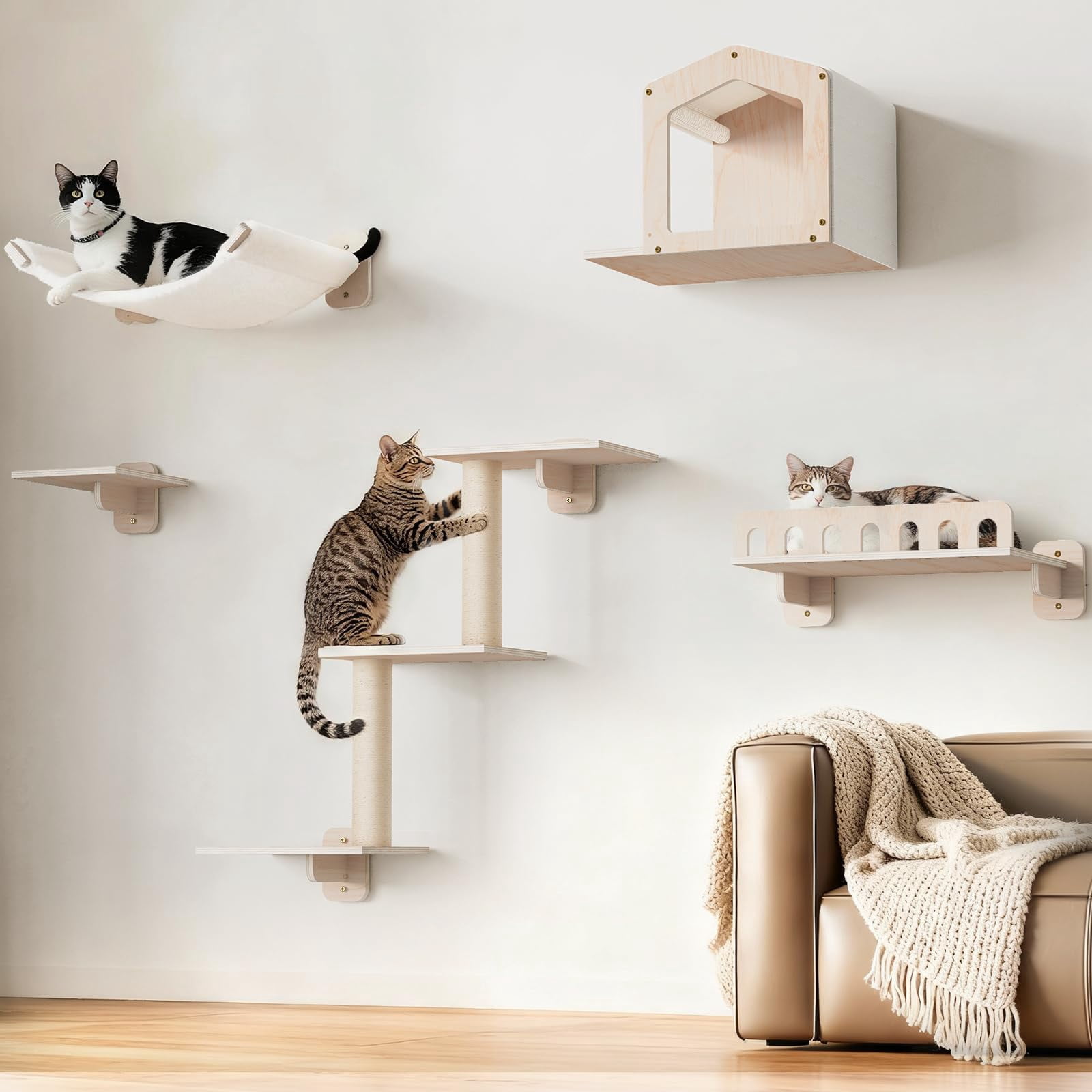 Cat Wall Shelves 5-in-1 Furniture with Hammock and Wide Perch Wooden Climbing Set for Indoor Large Cats