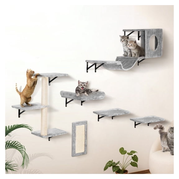 Cat Wall Shelves, 6-Pack Floating Cat Perches with Hammock & Scratching Post - Wall Mounted Cat Furniture for Climbing, Playing, & Resting - Supports Up to 40lbs