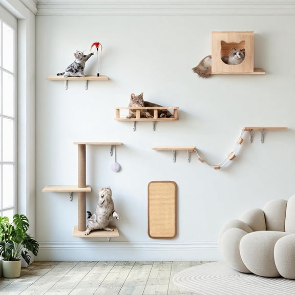 Cat Wall Shelves, 6 in 1 Cat Wall Furniture Set with Condos House, Bed, Bridge, Tree, Steps, Scratching Board, DIY Walls Playground for Indoor