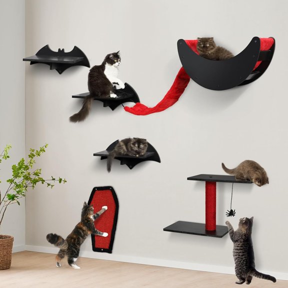 Cat Wall Shelves 7pcs Wall-Mounted Cat Climber Set Cat Tree Cat Bed with Bridge Ladder Steps Scratching Board Posts Hanging Spider Toy Cat Condo Furniture for Cats