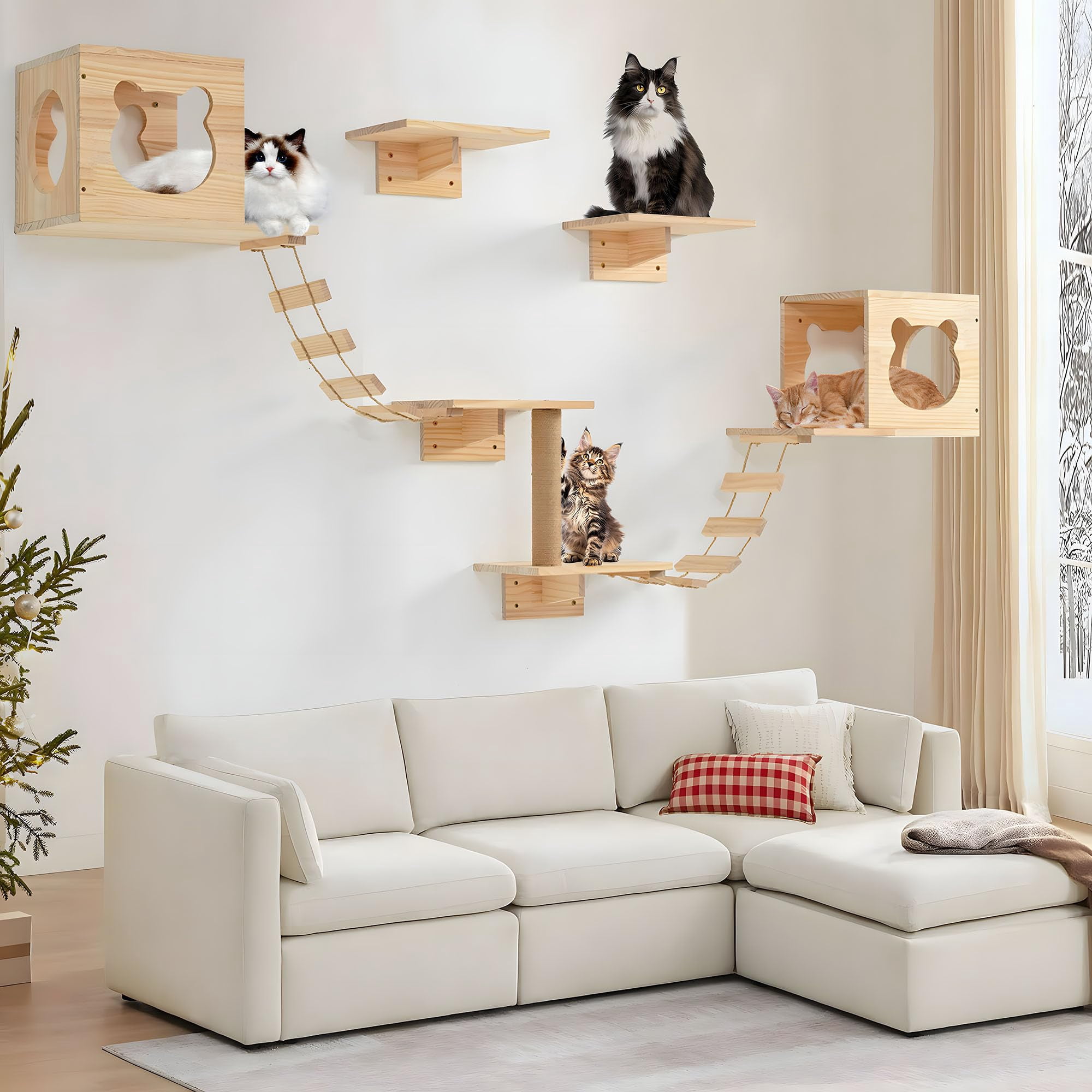 Cat Wall Shelves And Perches  Pine Wooden Furniture Climbing With Climber Condo Ladder & Platform