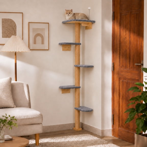 Peluomoz Gray Adjustable Floor to Ceiling Cat Tree with Plush Pads, 83 in