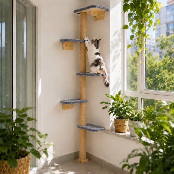 Peluomoz Gray Adjustable Floor to Ceiling Cat Tree with Plush Pads, 83 in