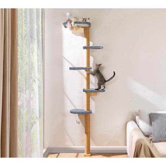 Peluomoz Gray Adjustable Floor to Ceiling Cat Tree with Plush Pads, 83 in