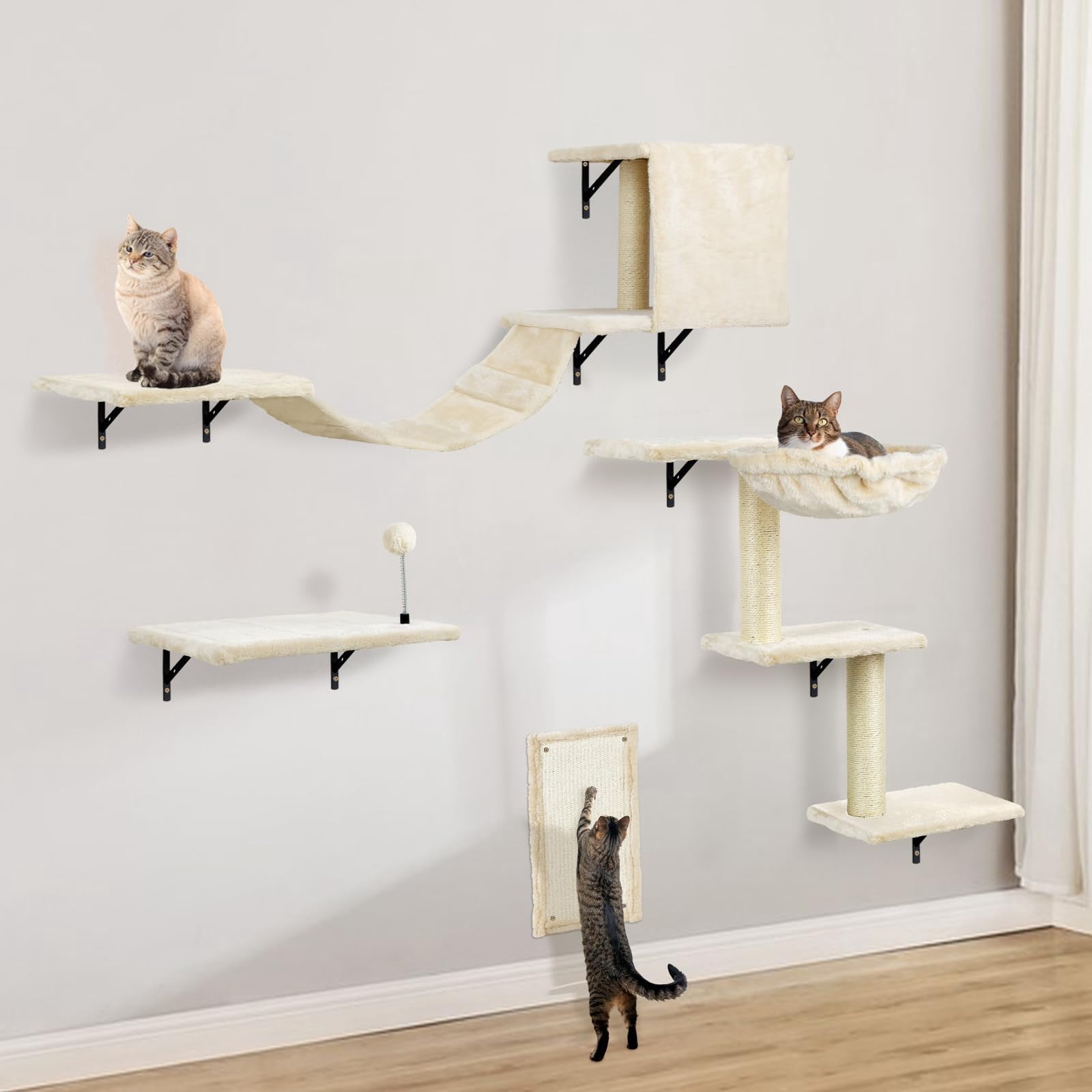 Cat Wall Shelves  Multi-level Climbing Furniture Space-saving Wall-mounted Climber Set With Perches Bridge Hammock Board & Ball For Indoor Play (beige)