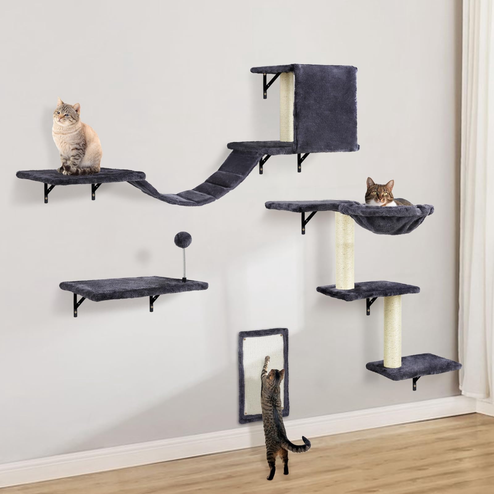 Cat Wall Shelves  Multi-level Climbing Furniture Space-saving Wall-mounted Climber Set With Perches Bridge Hammock Board & Ball For Indoor Play (dark Grey)