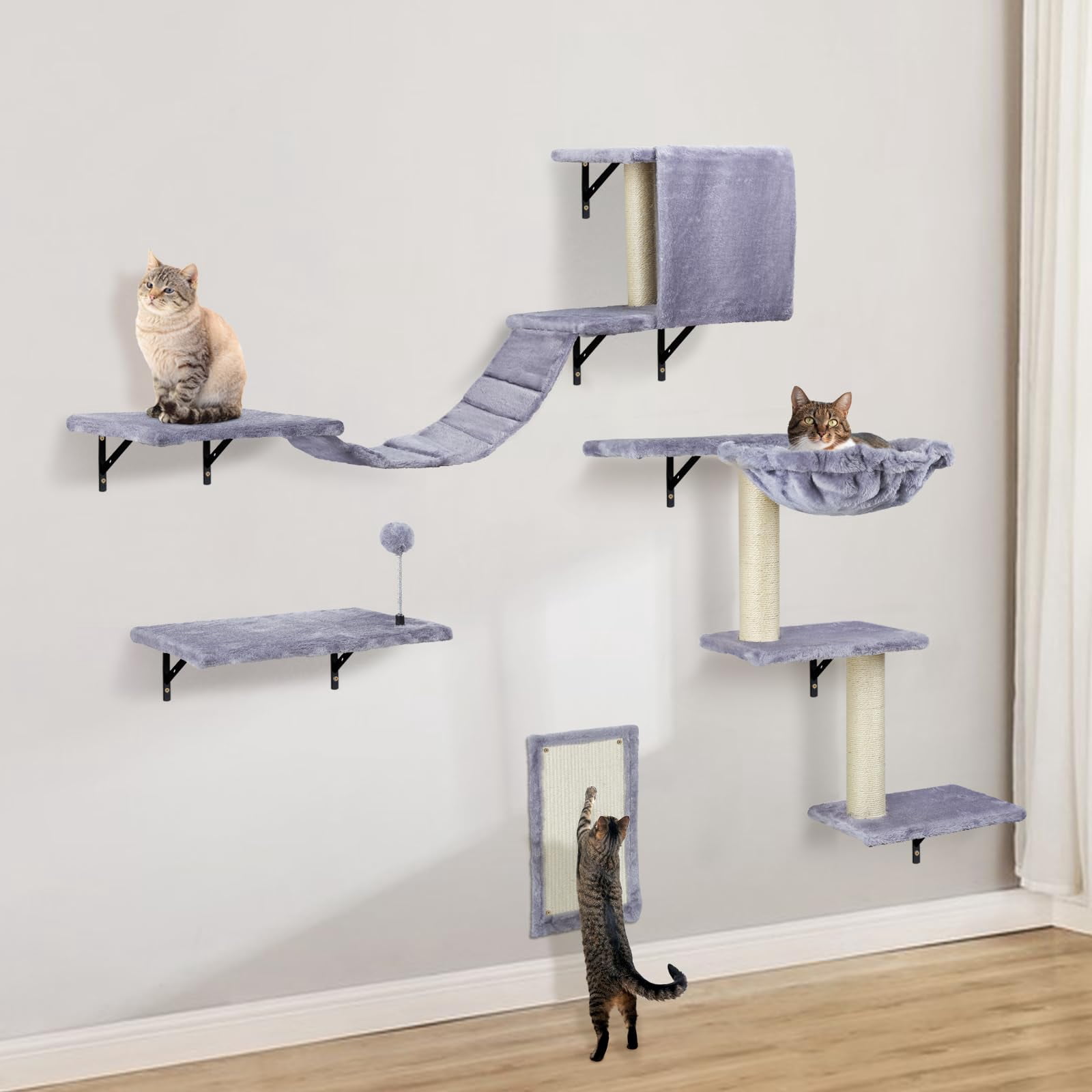 Cat Wall Shelves  Multi-level Climbing Furniture Space-saving Wall-mounted Climber Set With Perches Bridge Hammock Board & Ball For Indoor Play (light Grey)