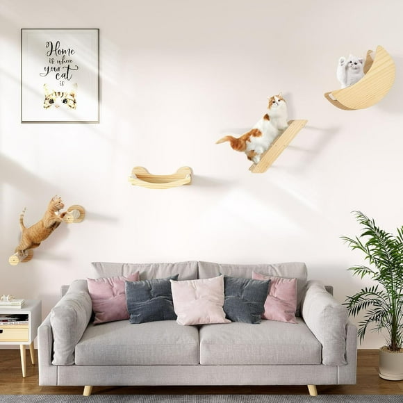Cat Wall Shelves and Perches for Wall, Solid Wood Wall Mounted Cat Furniture, Set of 5 Cat Climbing Shelves with Moon Cat House, Cat Bridge Ladder, Cat Hammock and Cat Scratching Post