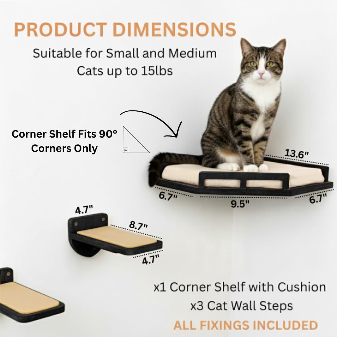 Cat Wall Shelves - Safe And Sturdy Furniture Stylish Wood Corner Shelf With 3 Steps For Cats Up To 15lbs Cushioned Perch Stairs Climbing Playing Black