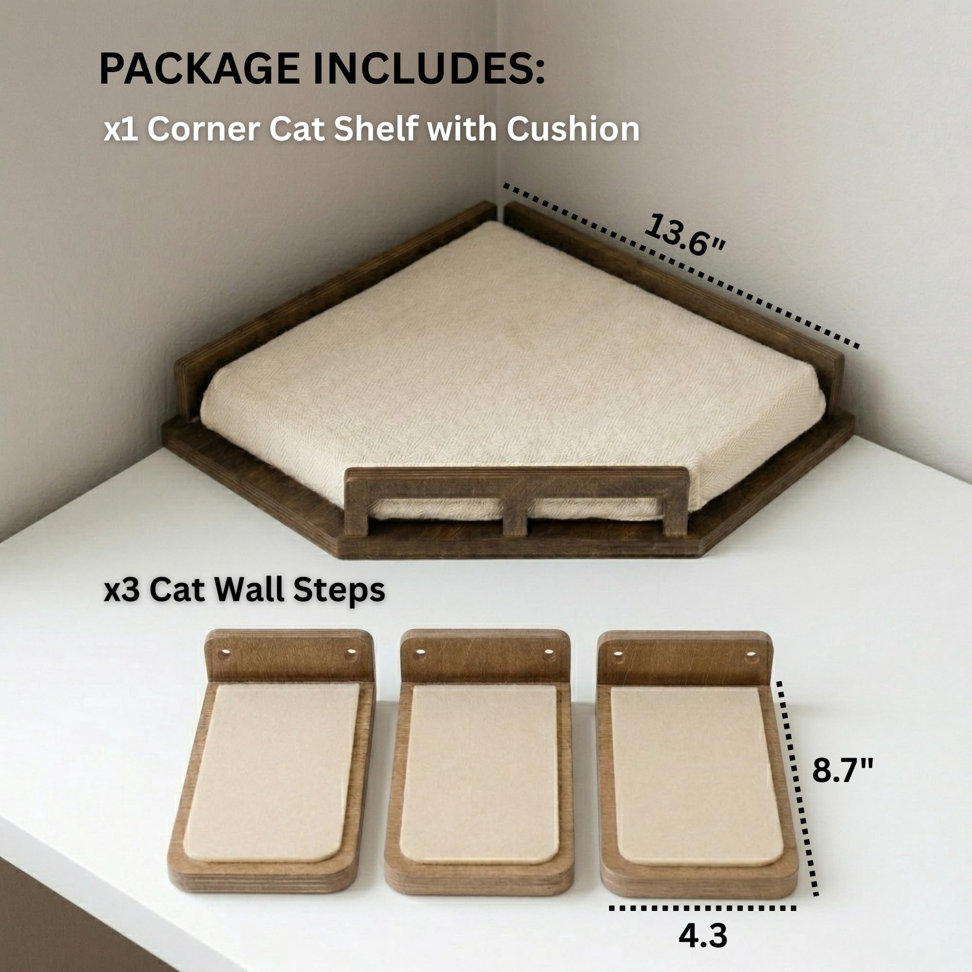 Cat Wall Shelves - Safe And Sturdy Furniture Stylish Wood Corner Shelf With 3 Steps For Cats Up To 15lbs Cushioned Perch Stairs Climbing Playing Dark Brown
