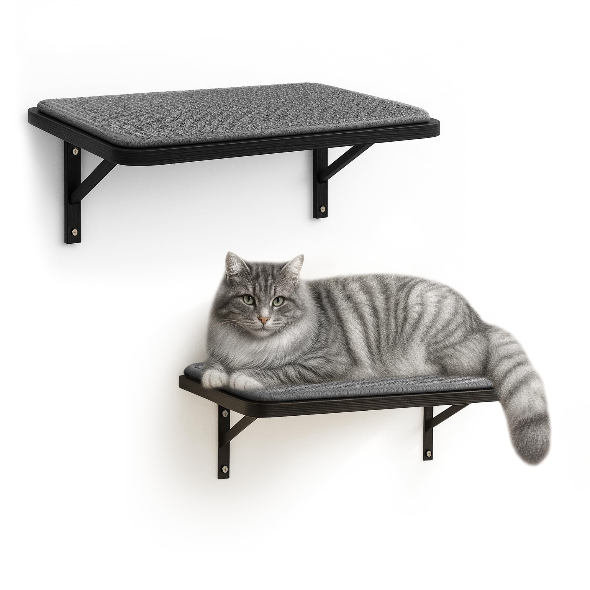 Cat Wall Shelves Set Of 2  Black Solid Wood Window Perch With Grey Sisal Cushion Wall-mounted Space-saving Climbing Bed Lounging Shelf For Kittens & Cats Furniture Indoor