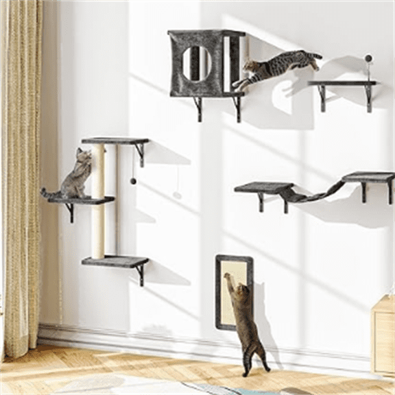 Cat Wall Shelves Set, 5 Pcs Wall-Mounted Cat Climber with Cat House, Bridge, Scratching Post, Hammock, Wall Shelves, Gray