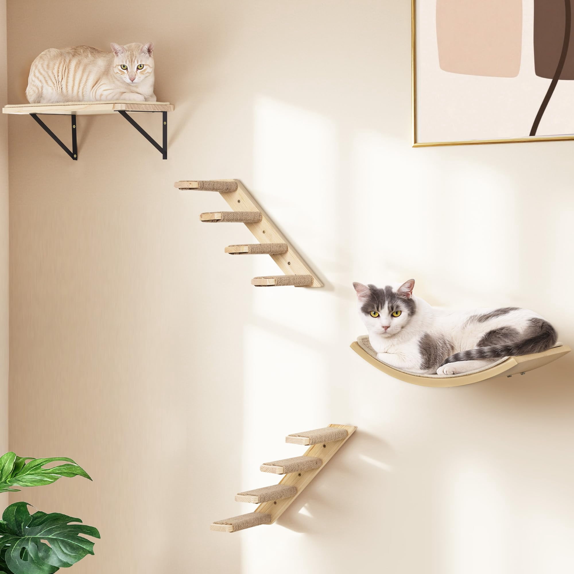 Cat Wall Shelves Set With Sisal Cats Window Perch  4 Piece Wood Climbing Furniture Curved Bed Flat Shelf & Two Wall-mounted 4 Steps Stairs