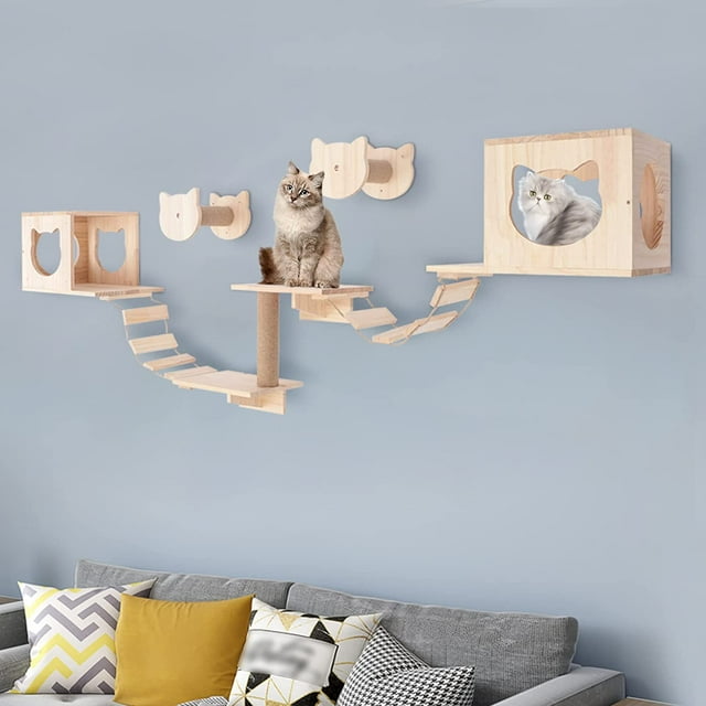 Cat Wall Shelves Set with Bridge for Multiple and Heavy Cats Climbing