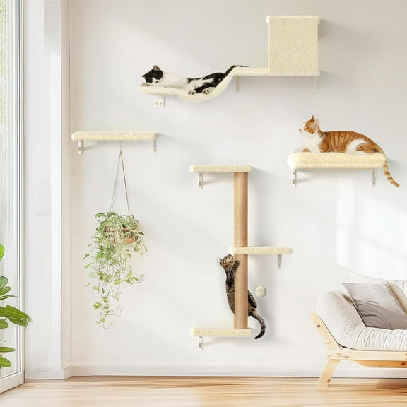 Cat Wall Shelves, Stable & Safe 4 in 1 Large Cat Walls Furniture Set, Wooden Kitten Climbing Wall with Scratching Post for 16 Inch Drywall - Beige