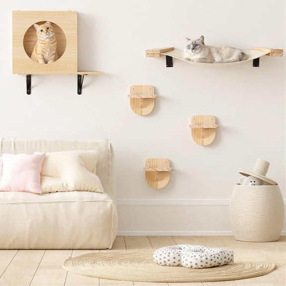 Cat Wall Shelves - Stable & Safe 5 In 1 Walls Furniture Set  Wooden Kitten Climbing With 1 Condos House 1 Hammock 3 Steps