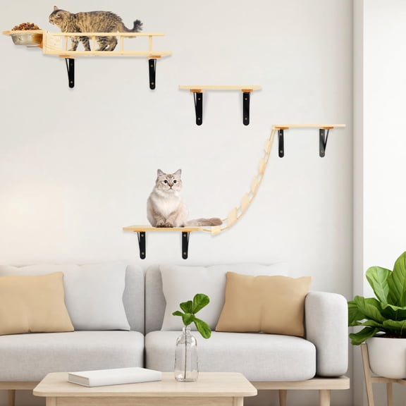 Cat Wall Shelves - Stable & Safe 5 In 1 Walls Furniture Set  Wooden Kitten Climbing With Bridge Ladder Steps