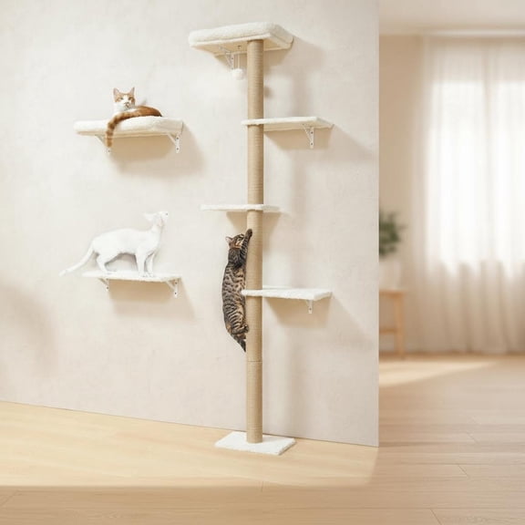 Cat Wall Shelves, Wall Mounted Furniture Set, Scratching Post with Soft Cushion Perch, Climbing Wall for Drywall - Beige