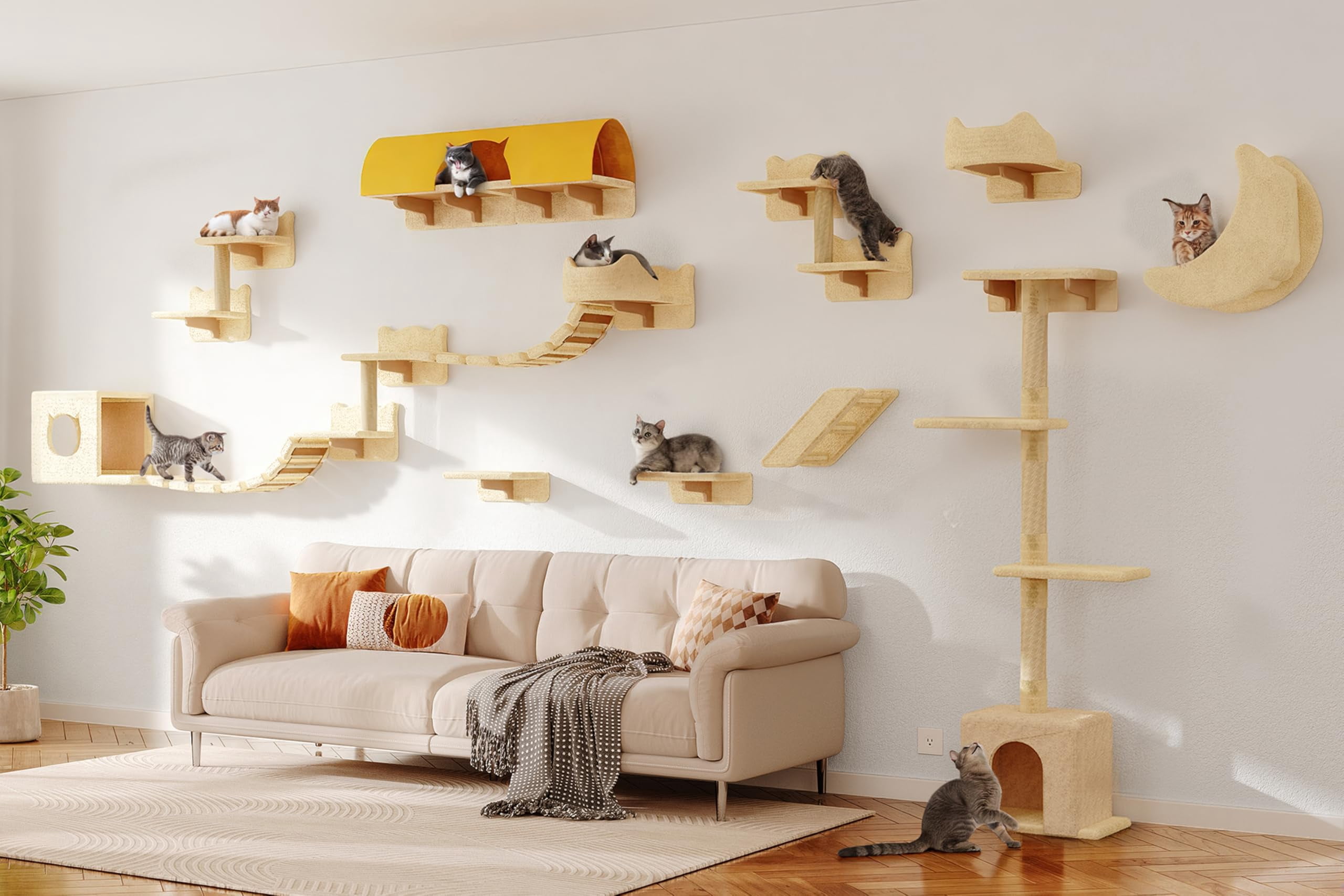 Cat Wall Shelves With Tree  26-in-1 Mounted Pet Furniture 40''l Tunnel Posts House Step And Floating Bridge Climbing Systems 63'' Cats Tower Beige