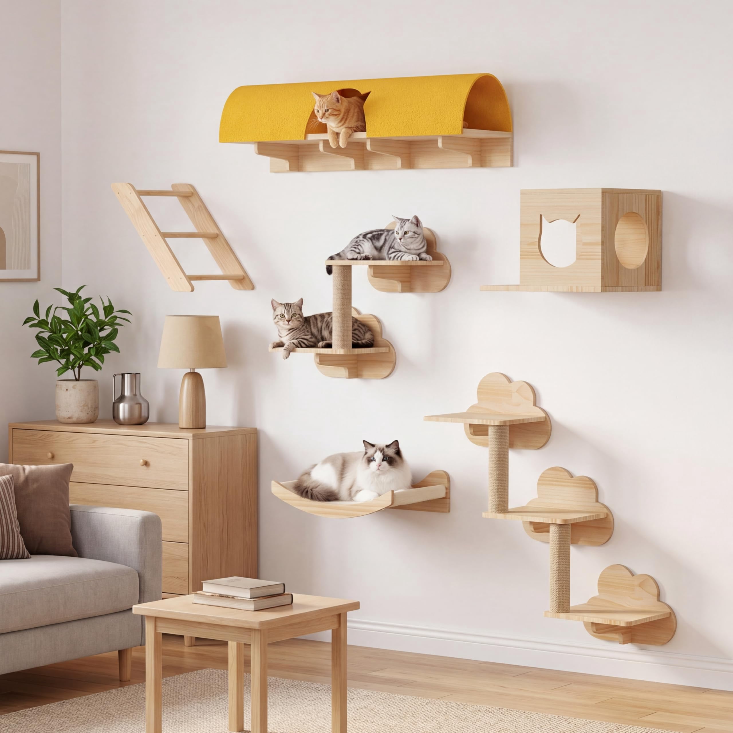 Cat Wall Shelves With Tunnel  12-in-1 Solid Wood Mounted Furniture Cave & Steps Multi-level Climbing Systems Space Saving Floating