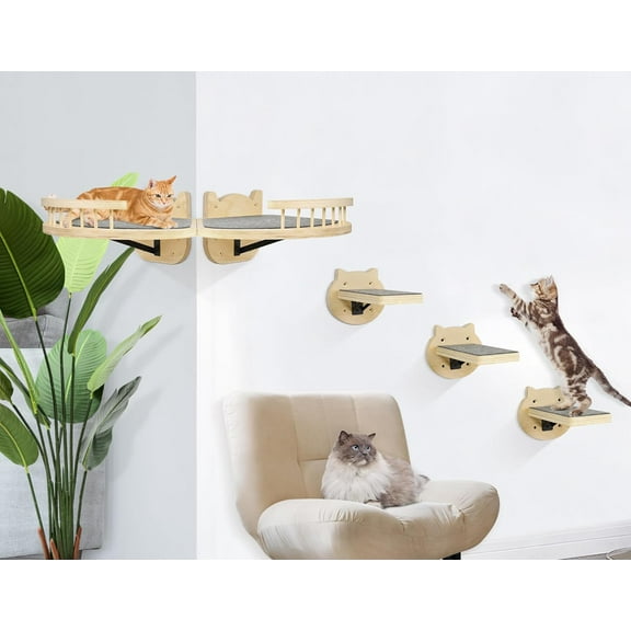 Cat Wall Shelves, Wood Cat Shelves and Perches with 3 Wall Steps Furniture Scratch Post, Burlywood Indoor Climbing Shelf for Living Room, Bedroom