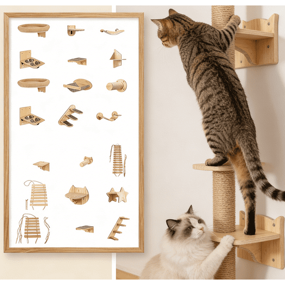 Cat Wall Shelves Wooden Cat Climbing Set Wall Mounted Furniture with Scratching Posts Hammock Shelves Perch for Multiple Indoor Cats,W Wooden Cats Climbing Set#15