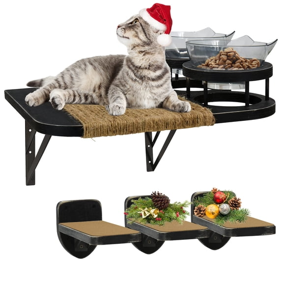Cat Wall Shelves with 3 Steps, Cat Hammock and Perches, Cat Wall Furniture Set Climbing Shelves with 2 Food Shelf and Plush Covered