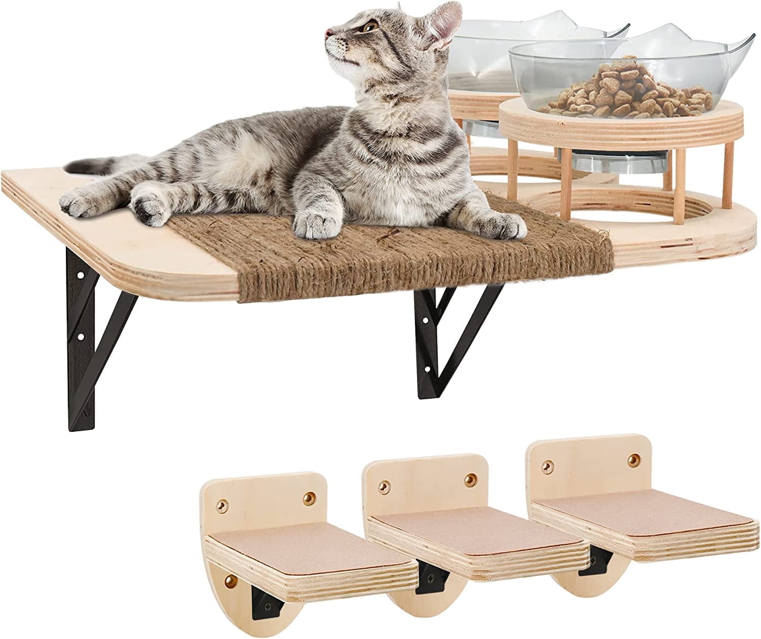 Wall Mounted Cat Perch, Climbing Shelves, Plush Covered Set with 3 Steps & Cat Hammock