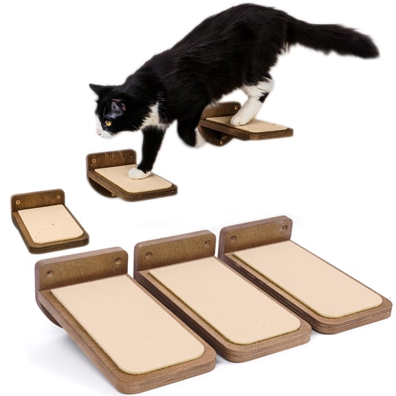 Cat Wall Stairs - Set Of 3 Steps For Cats To Climb With Fixtures 8.7"x4.7" Floating Climbing Or Playing Kittens And Adult Dark Brown