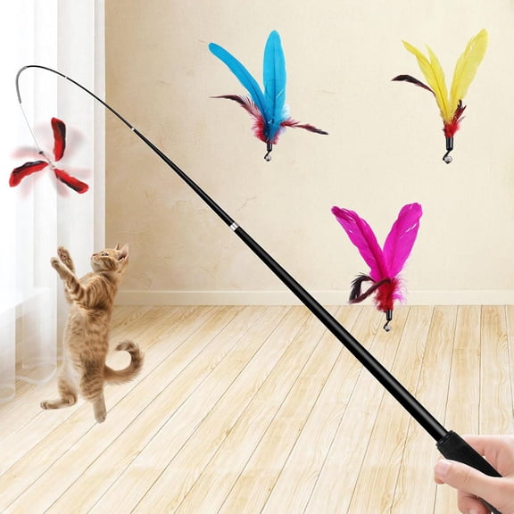 Cat Wand with 4 pcs Natural Teaser Feathers, Interactive for Indoor Cats,1pc 72 in, Telescopic Cat Wand Long and Flexible, Interactive for Teaser Play and Chase Exercise with Kitten.
