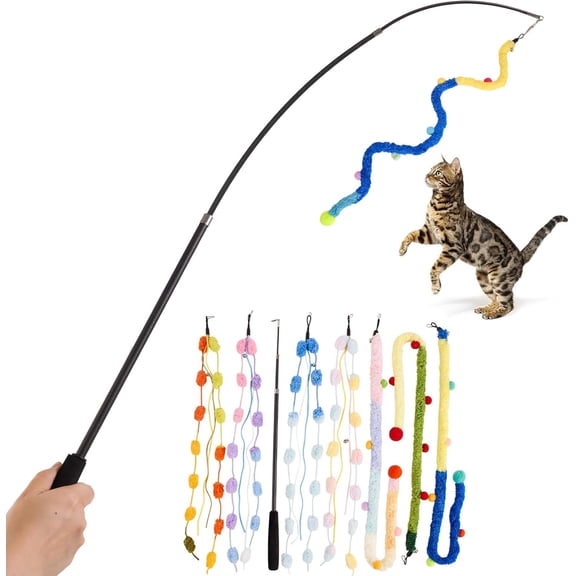 Cat Wand Toy, 8Pcs Retractable Plush Srtip Cat Teaser Wand Toys with Bell & String, Long Interactive Wand Toys for Indoor Kitten, Exercise